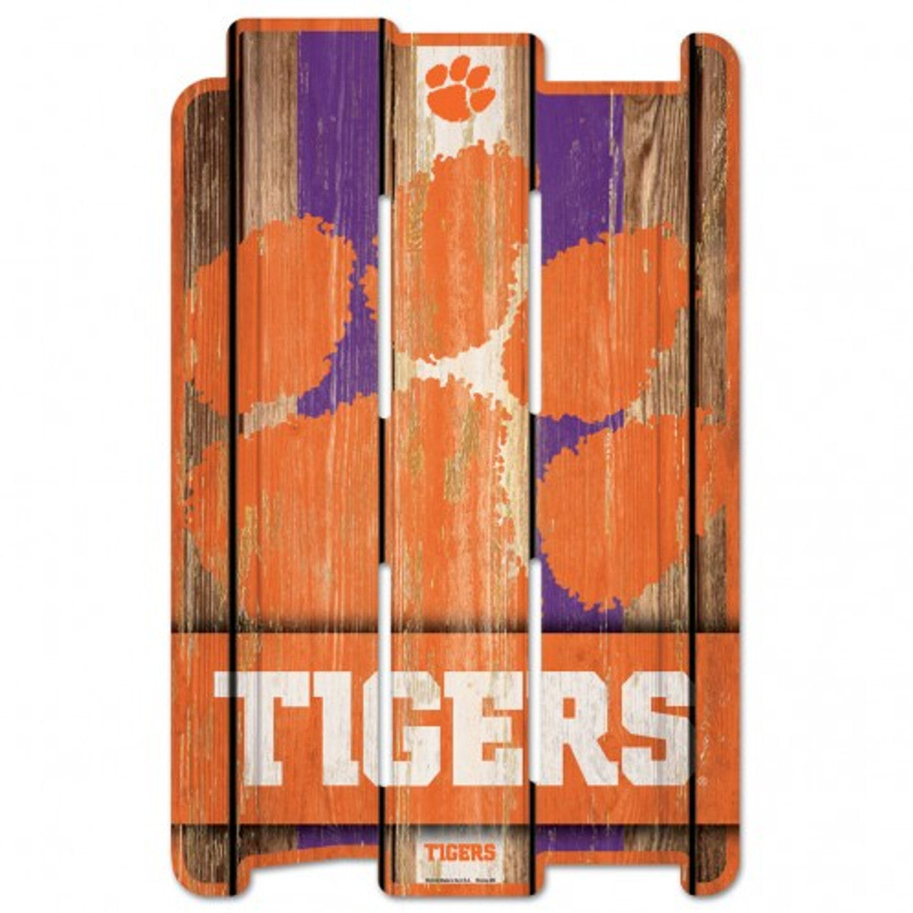 Clemson Tigers 11"x17" NCAA wood fence sign with retro team graphics. Made in the USA by WinCraft.
