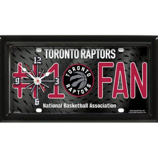 Toronto Raptors rectangular wall clock features team colors and logo with the wording #1 FAN