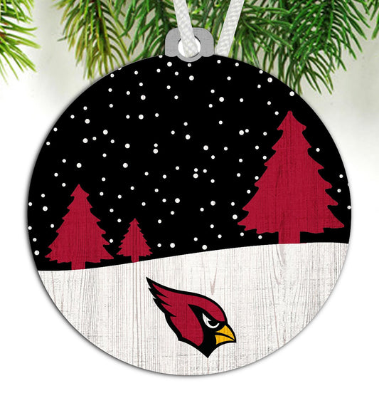 "Arizona Cardinals Snow Scene Ornament by Fan Creations: Festive ornament featuring a snowy scene with team logo, perfect for adding a touch of team spirit to your holiday decorations."