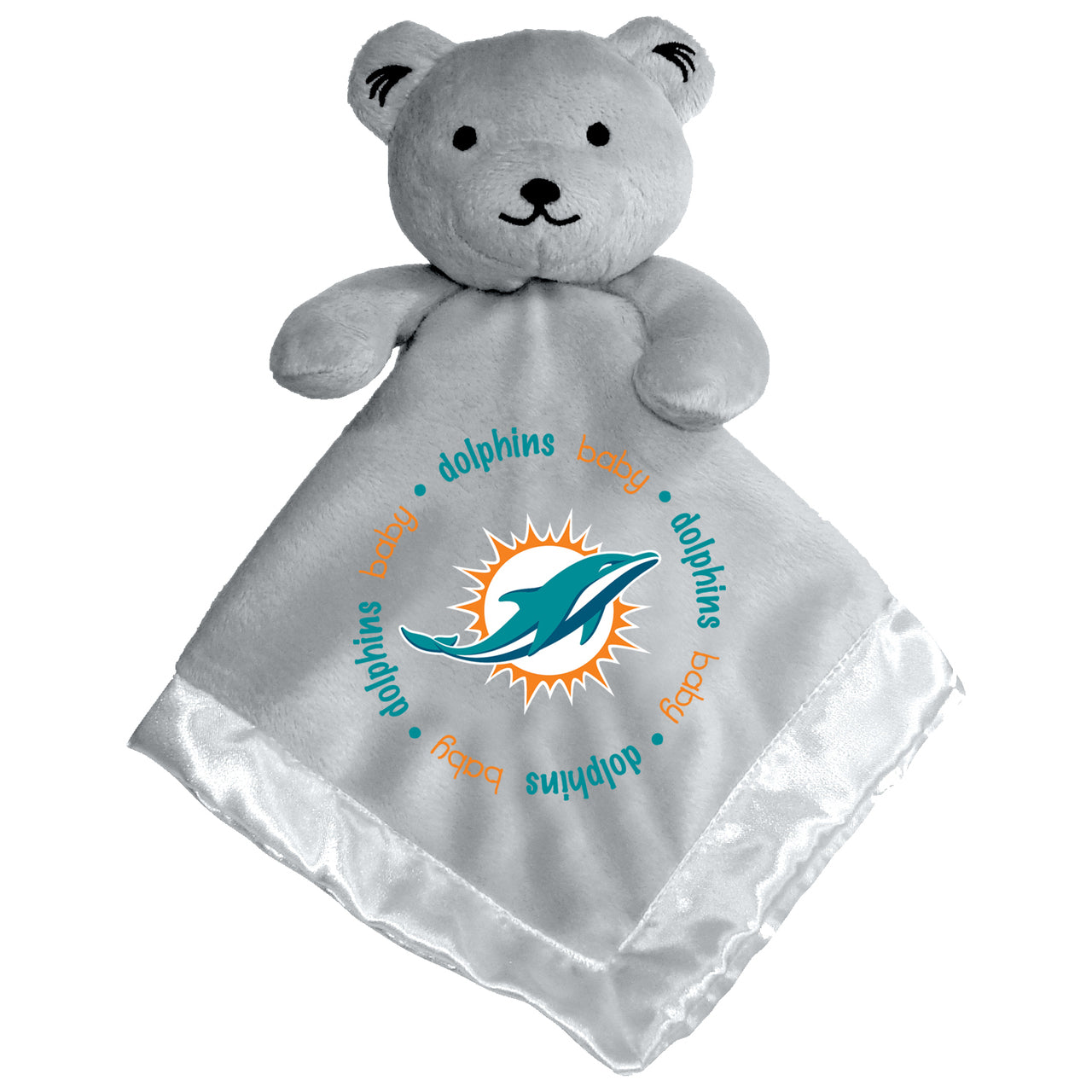 Gray security bear with embroidered Miami Dolphins logo, soft pile top, satin underside, and plush head and arms, 14"x14"