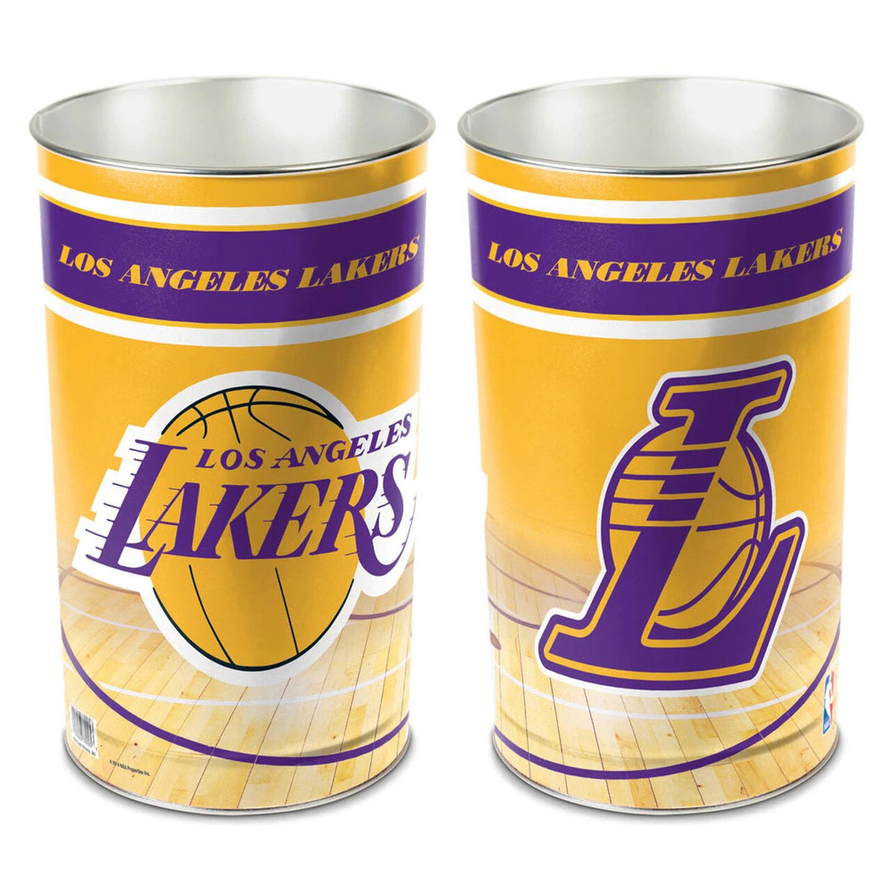 Los Angeles Lakers metal wastebasket with team colors and graphics measures 15 inches tall & 10 inches wide at top