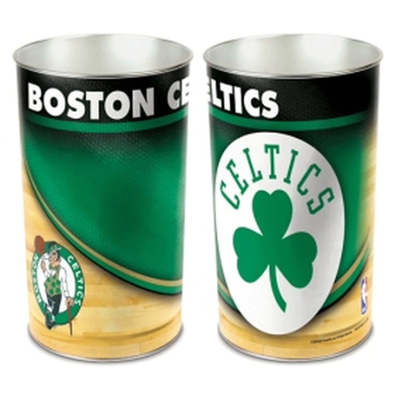 Boston Celtics metal wastebasket with team colors and graphics measures 15 inches tall & 10 inches wide at top