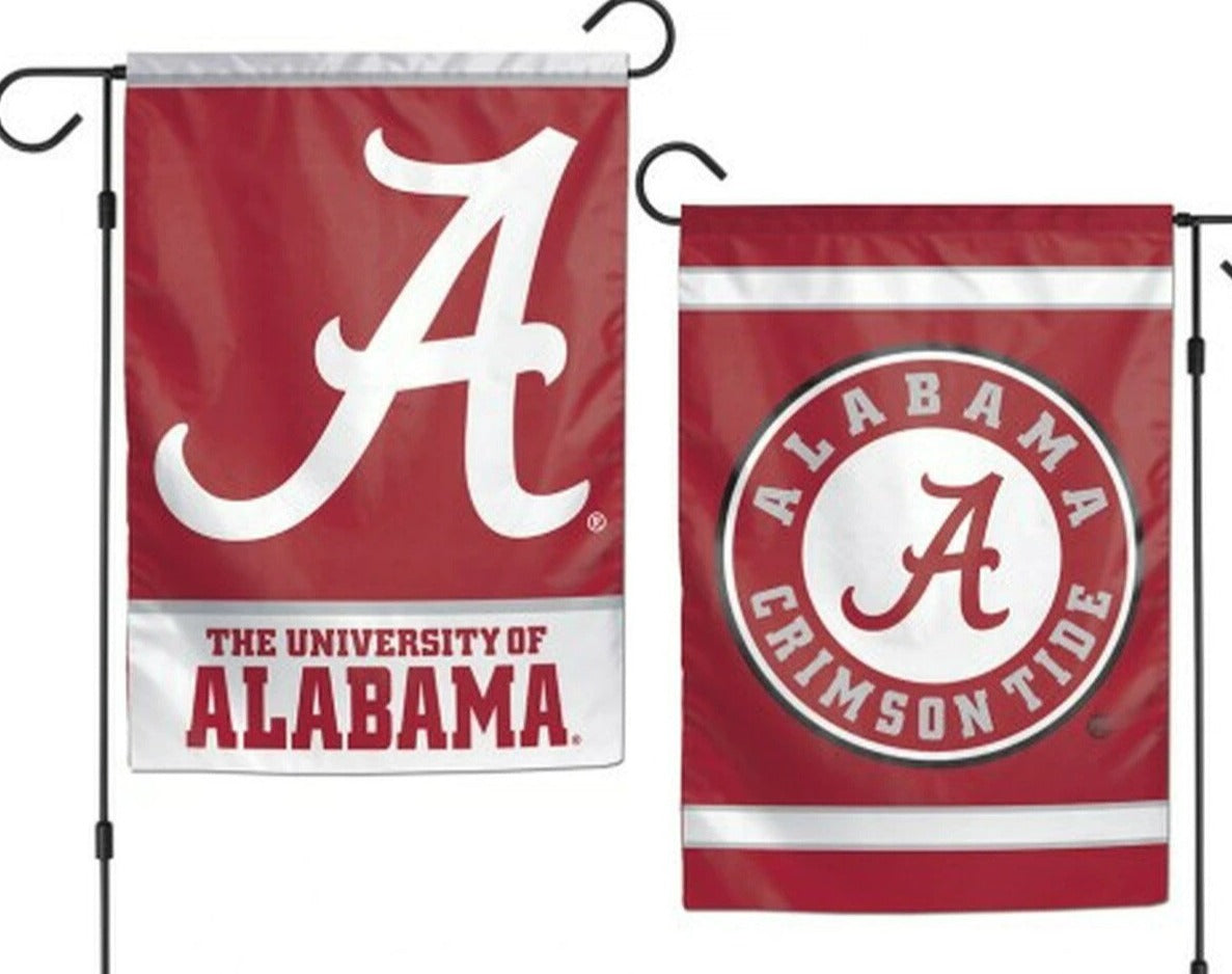 Alabama Crimson Tide 2-sided garden flag, 12" x 18", durable polyester with vivid team graphics. Pole not included.