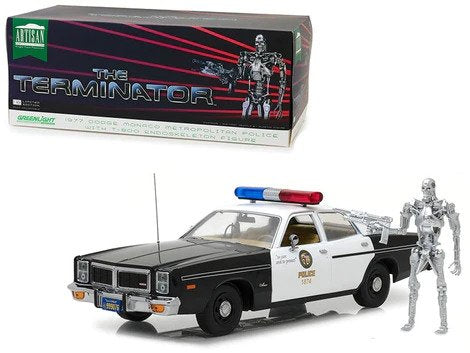 1977 Dodge Monaco Metropolitan Police with T-800 Endoskeleton Figure "The Terminator" (1984) Movie 1/18 Diecast Model Car by Greenlight