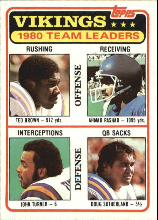 1981 Topps #432 Minnesota Vikings Team Leaders / Ted Brown / Ahmad Rashad / John Turner / Doug Sutherland / (checklist back) - Football Card