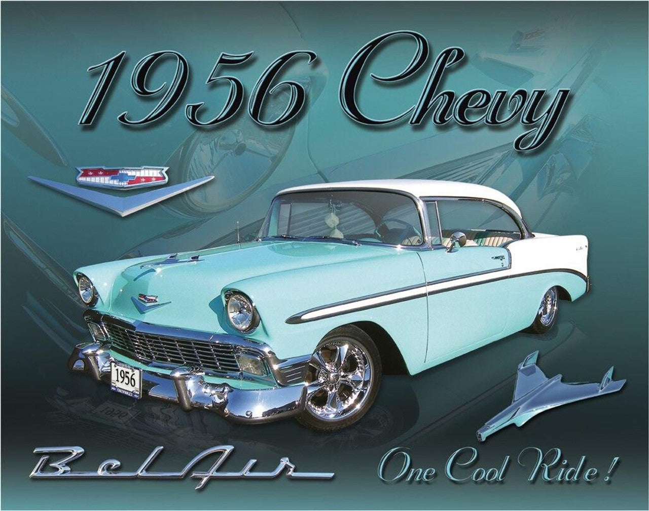 Vintage 1956 Chevy Bel Air Tin Sign, 16x12.5 inches. Made in USA, indoor/outdoor, durable, and stylish addition to any collection.