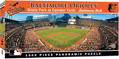 "Baltimore Orioles Panoramic Stadium 1000 Piece Puzzle - Center View by Masterpieces, featuring a panoramic view of the stadium. High-quality, officially licensed."