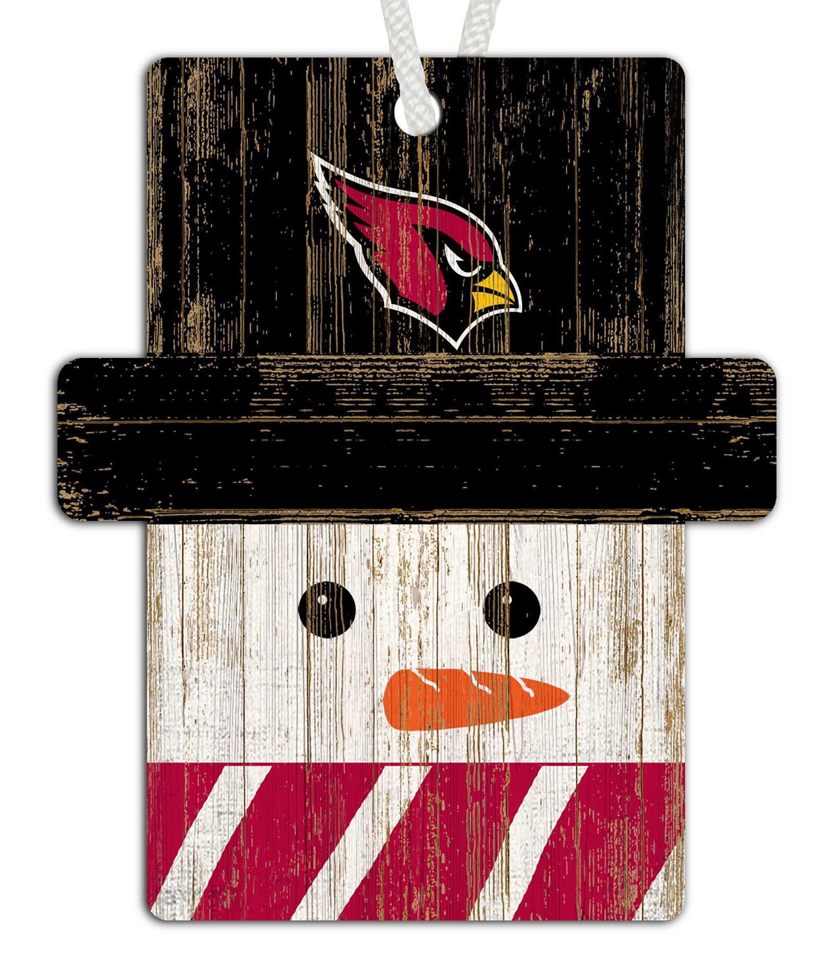 "Arizona Cardinals NFL Snowman Ornament with team logo, perfect for Christmas tree decoration."