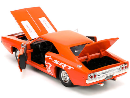 1968 Dodge Charger R/T SRT Orange with White Stripes and Graphics "Bigtime Muscle" Series 1/24 Diecast Model Car by Jada