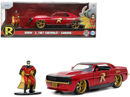 Jada 1/32 diecast 1969 Chevy Camaro in dark red with Robin figure from Batman Hollywood Rides series, with opening doors.