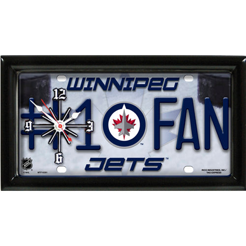 Winnipeg Jets rectangular wall clock features team colors and logo with the wording #1 FAN