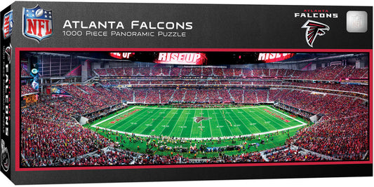 1000-piece panoramic puzzle of Atlanta Falcons NFL Stadium, 13" x 39", officially licensed by the NFL and made by Masterpieces.