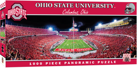 "Ohio State Buckeyes NCAA Stadium Jigsaw Puzzle with a sideline view of Horseshoe Stadium. Brand new, 1000 pieces, measures 13x39 inches. Officially licensed by the NCAA. Made by Masterpieces."