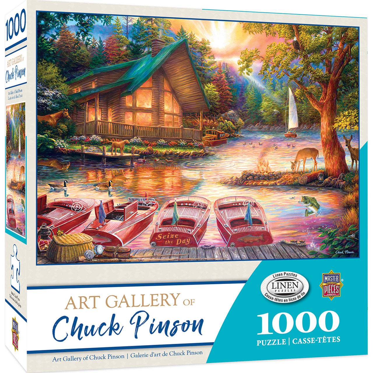 Chuck Pinson Gallery - Seize the Day  brand new puzzle featuring a lakeside cabin at sunset by artist Chuck Pinson. Measures 19.25" x 26.75".