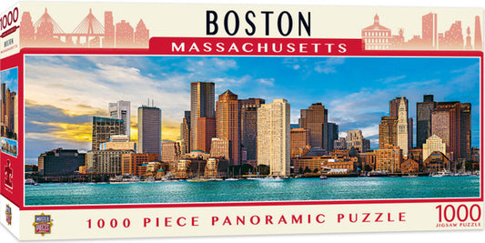 A 1000-piece panoramic jigsaw puzzle showcasing a detailed view of the Boston skyline, photographed by Jon Holiday.