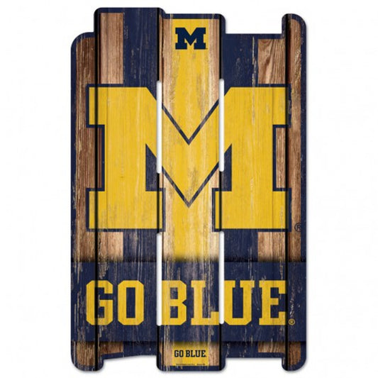 Michigan Wolverines NCAA wood fence sign with retro design and bold graphics, made in the USA by Wincraft, easy to hang