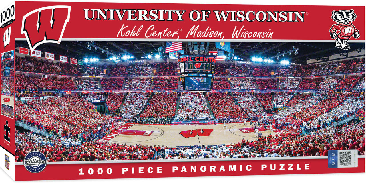 "Badgers Basketball Stadium 1000-Piece Puzzle. Brand new, measures 13x39 inches. Made by Masterpieces."