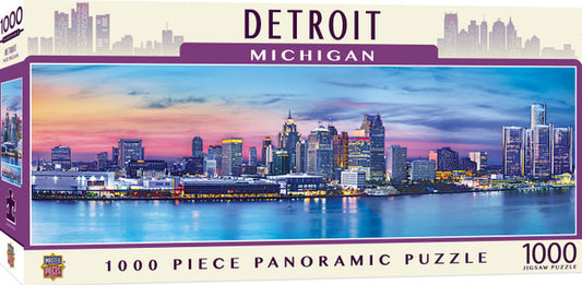 A 1000-piece panoramic jigsaw puzzle featuring a detailed view of the Detroit skyline.