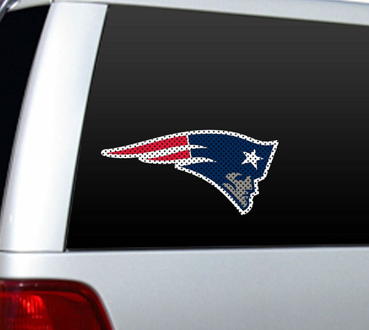 New England Patriots 12x10 NFL die cut window film with team graphics and perforated design for clear visibility