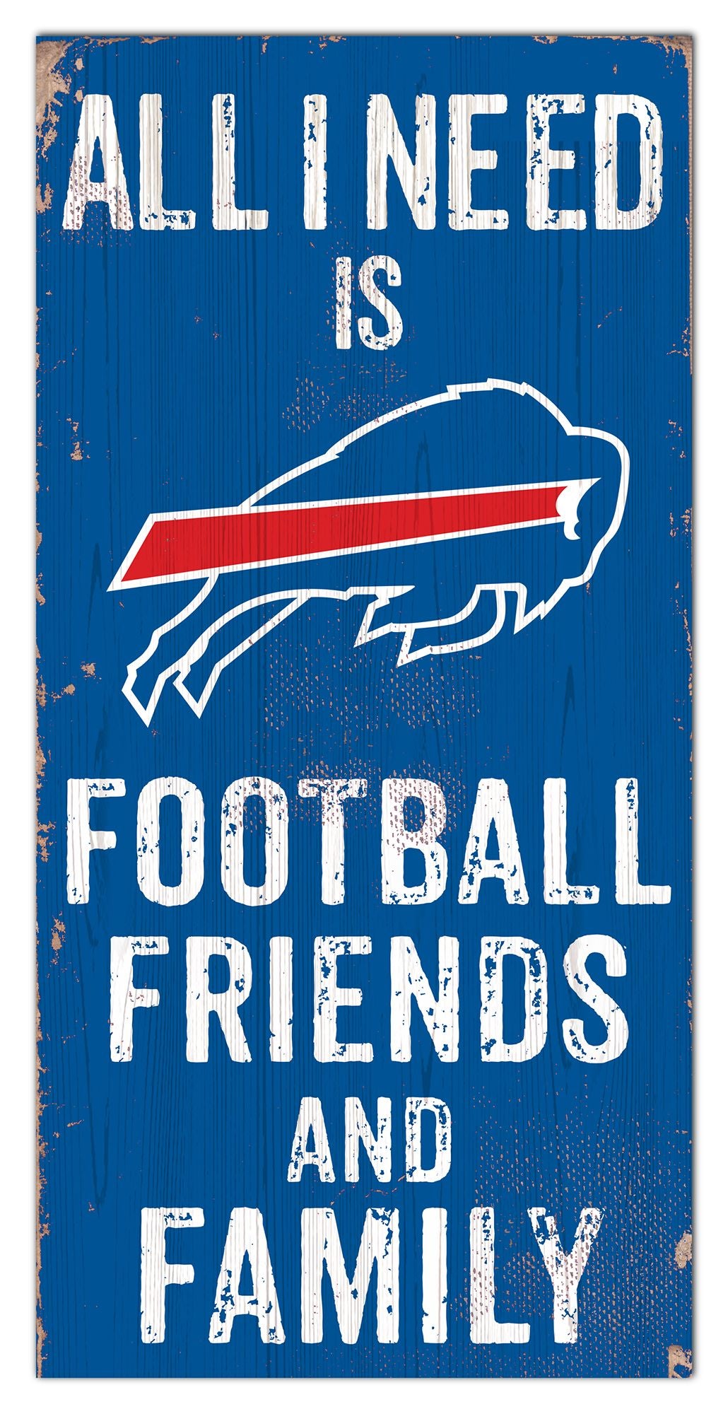 Buffalo Bills NFL sign: "Football, Family & Friends" theme. 6x12 inches, distressed MDF design, indoor use, officially licensed.