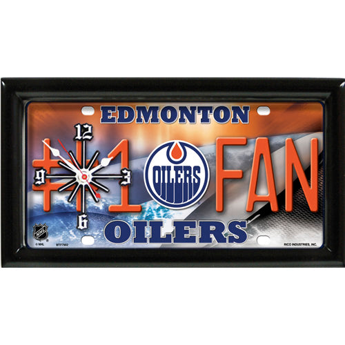 Edmonton Oilers rectangular wall clock features team colors and logo with the wording #1 FAN