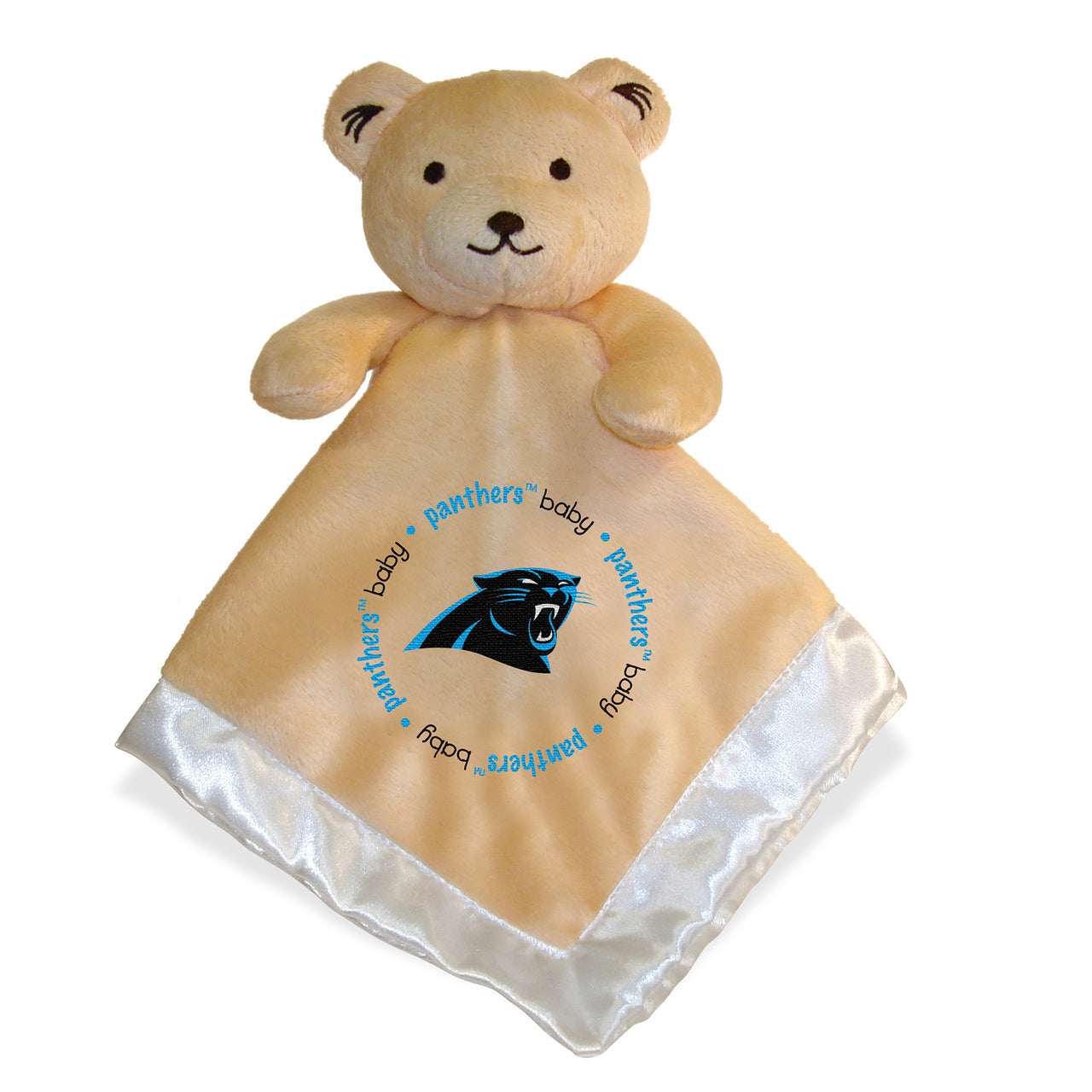 Tan security bear with embroidered Carolina Panthers logo, soft pile top, satin underside, plush head and arms, 14"x14".