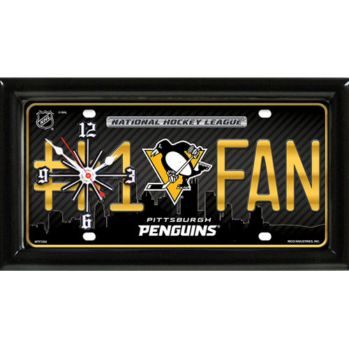 Pittsburgh Penguins rectangular wall clock features team colors and logo with the wording #1 FAN