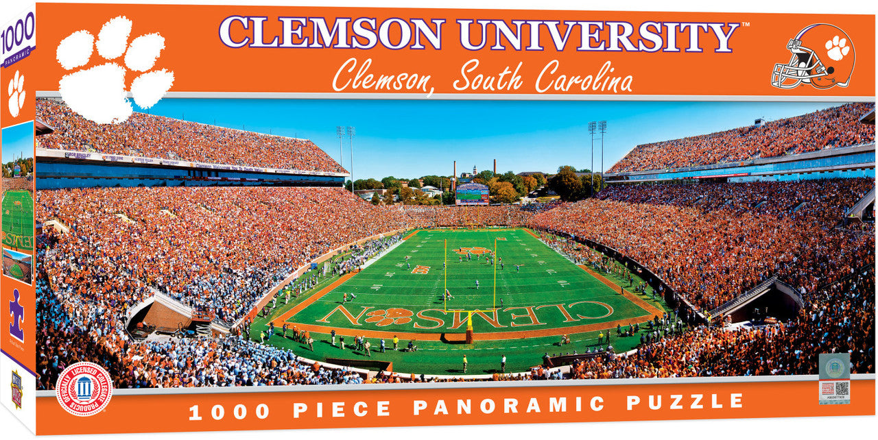 "Clemson Tigers NCAA Stadium 1000-Piece Puzzle with a panoramic view. Measures 13x39 inches. Officially licensed."