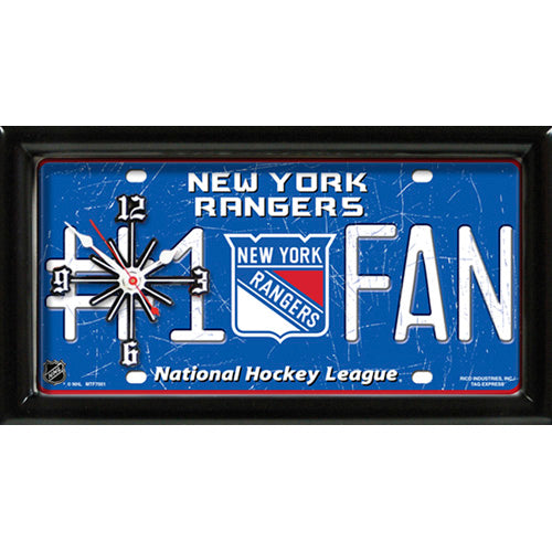 New York Rangers rectangular wall clock features team colors and logo with the wording #1 FAN