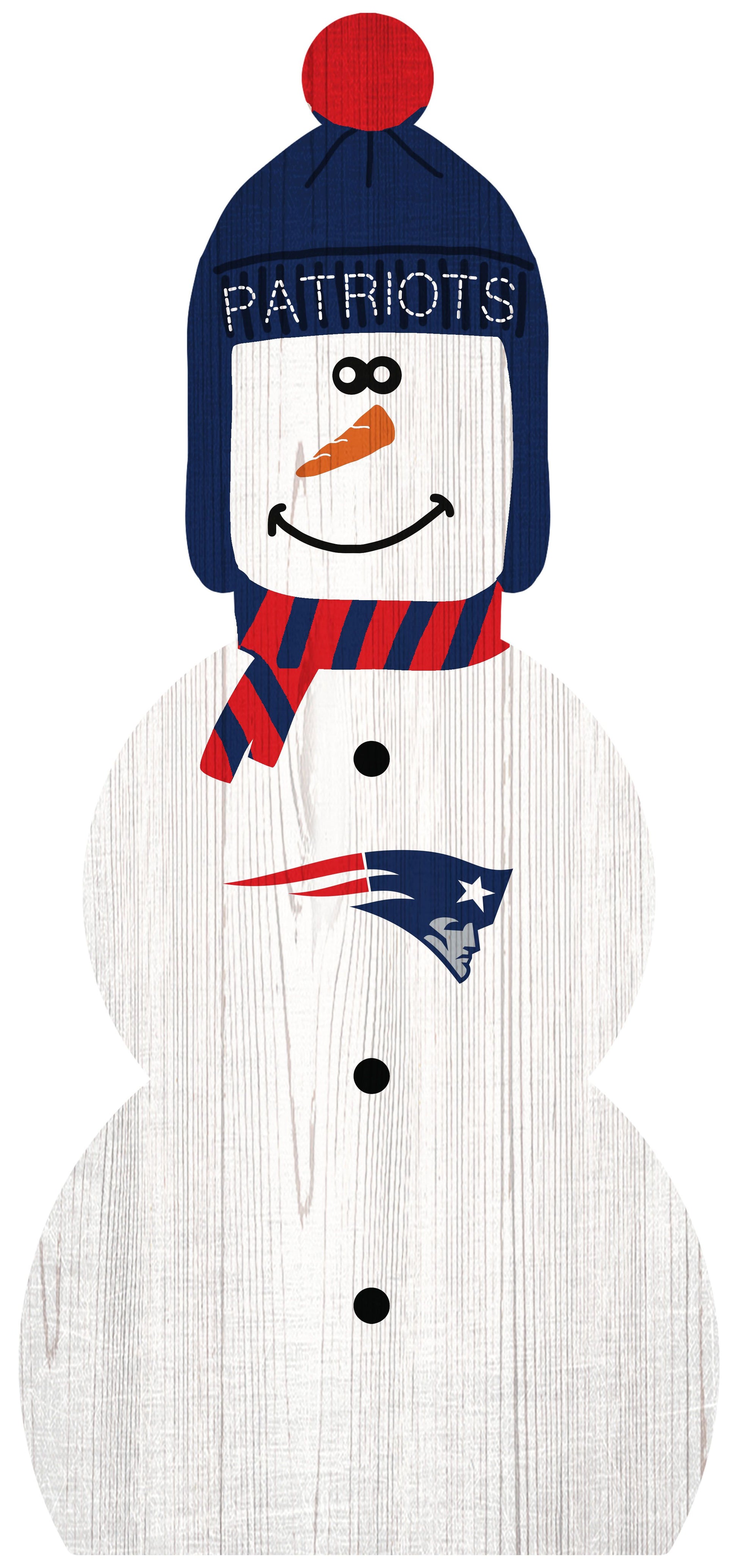 New England Patriots Snowman Leaner, 15" W x 31" L, indoor use. team graphics. Officially licensed, made by Fan Creations.