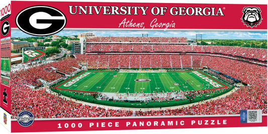 "Georgia Bulldogs NCAA Sanford Stadium 1000-Piece Puzzle featuring a sky box seat view. Measures 13x39 inches. Officially licensed."