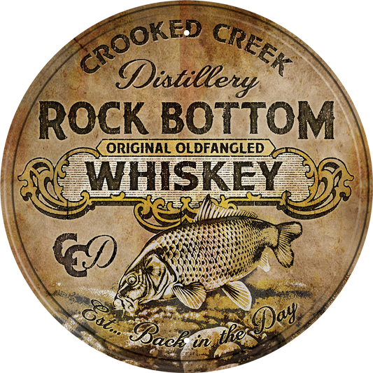 Rock Bottom Whiskey 11.75" Round Metal Tin Sign - 2627