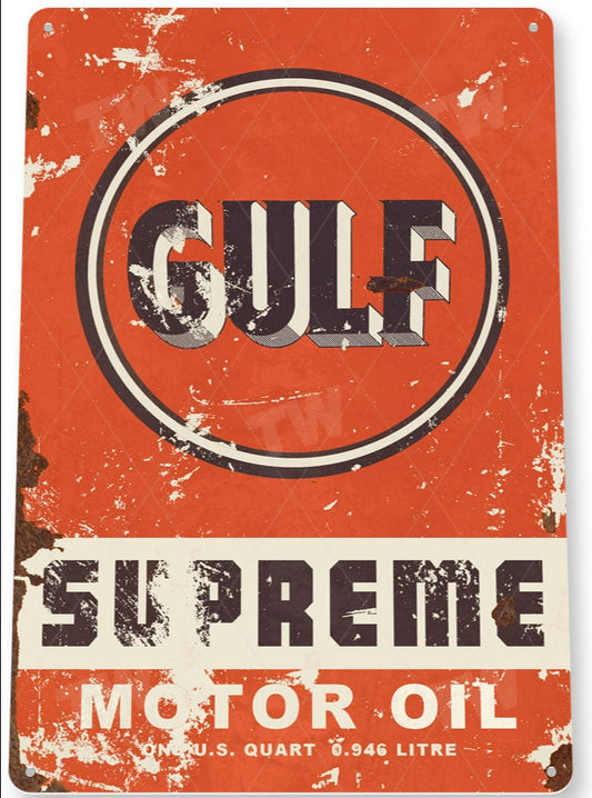 Gulf Supreme Motor Oil Distressed Metal Tin Sign - C926