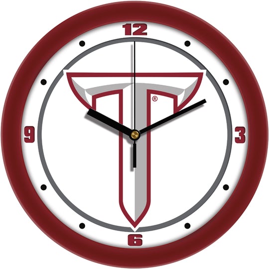 Troy Trojans NCAA wall clock, 11.5" with team logo, school colors, mineral glass, and quartz-accurate movement. Battery not included.