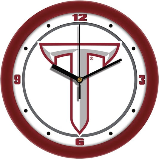 Troy Trojans NCAA wall clock, 11.5" with team logo, school colors, mineral glass, and quartz-accurate movement. Battery not included.