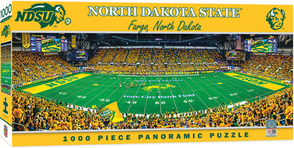 "North Dakota State Bison Stadium 1000-Piece Puzzle featuring a sky box seat view of the Fargodome. Brand new, measures 13x39 inches. Made from recycled chipboard by Masterpieces."