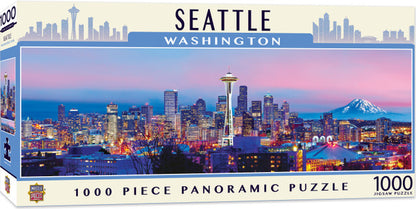 Seattle Panoramic Jigsaw Puzzle, 1000 pieces, 13" x 39", featuring a stunning skyline view by photographer James Blakeway.